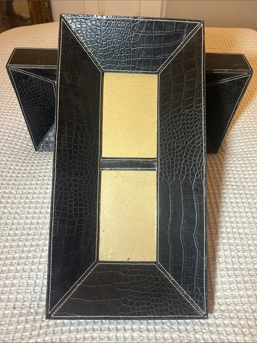Pier 1 Black Faux Croc Double Opening Picture Frame with Contrast Stitching Set